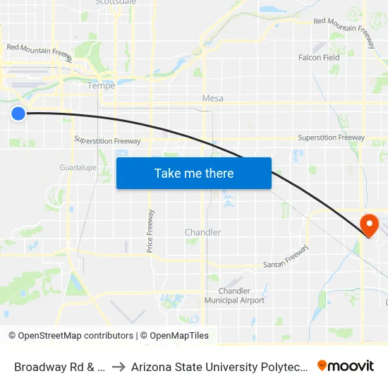 Broadway Rd & 28th St to Arizona State University Polytechnic campus map