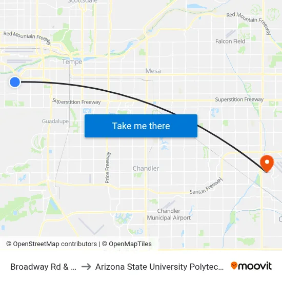 Broadway Rd & 30th St to Arizona State University Polytechnic campus map