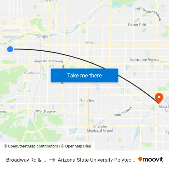 Broadway Rd & 32nd St to Arizona State University Polytechnic campus map