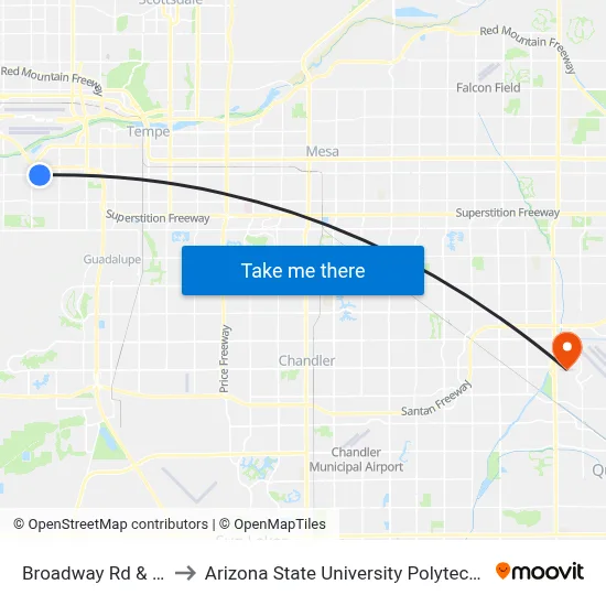 Broadway Rd & 34th St to Arizona State University Polytechnic campus map