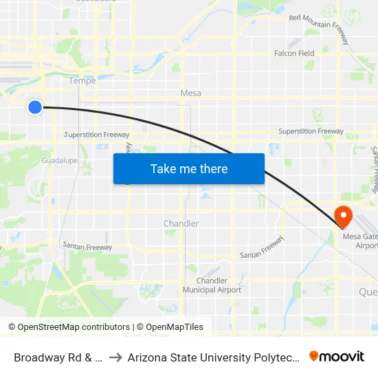 Broadway Rd & 43rd Pl to Arizona State University Polytechnic campus map