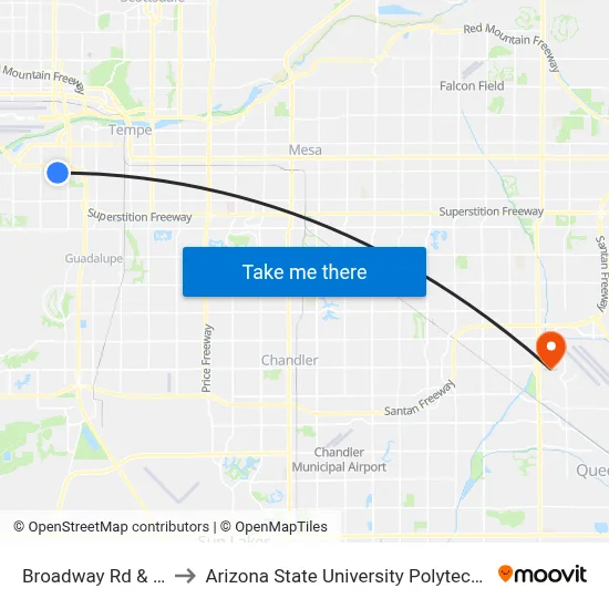 Broadway Rd & 44th Pl to Arizona State University Polytechnic campus map