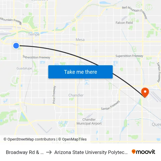 Broadway Rd & 46th Pl to Arizona State University Polytechnic campus map