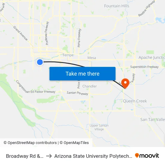 Broadway Rd & 4th St to Arizona State University Polytechnic campus map
