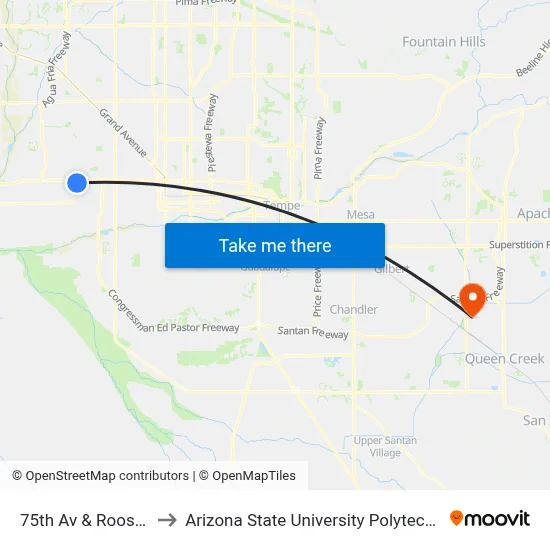 75th Av & Roosevelt St to Arizona State University Polytechnic campus map