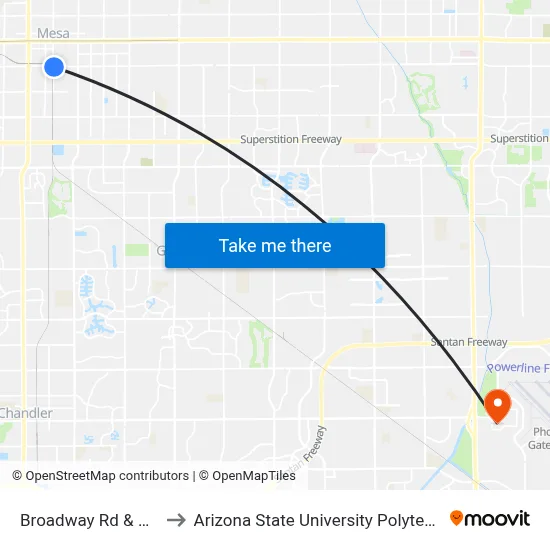 Broadway Rd & Center St to Arizona State University Polytechnic campus map