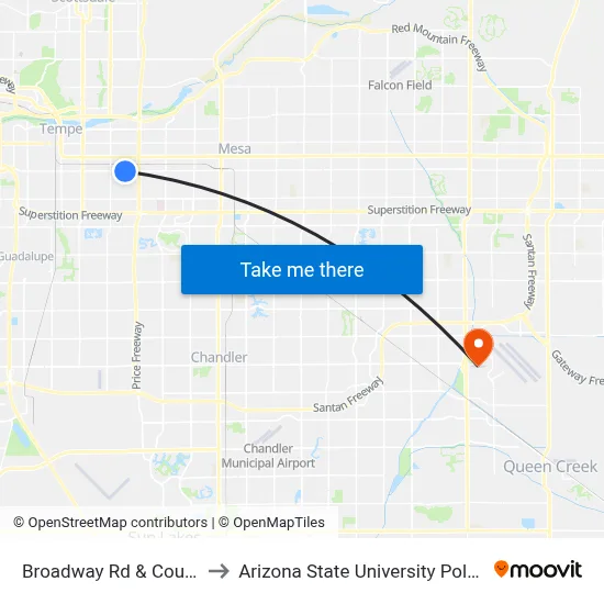Broadway Rd & Country Club Wy to Arizona State University Polytechnic campus map