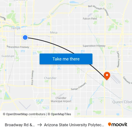 Broadway Rd & Elm St to Arizona State University Polytechnic campus map