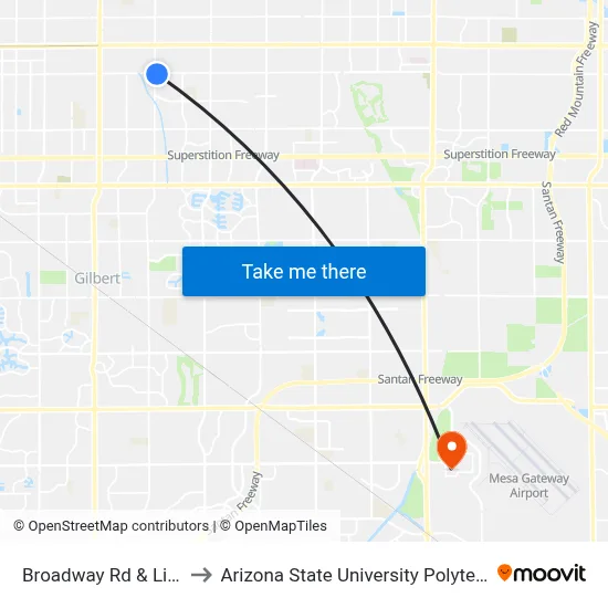 Broadway Rd & Lindsay Rd to Arizona State University Polytechnic campus map