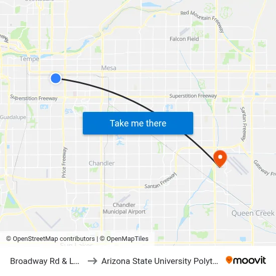 Broadway Rd & Los Feliz Dr to Arizona State University Polytechnic campus map