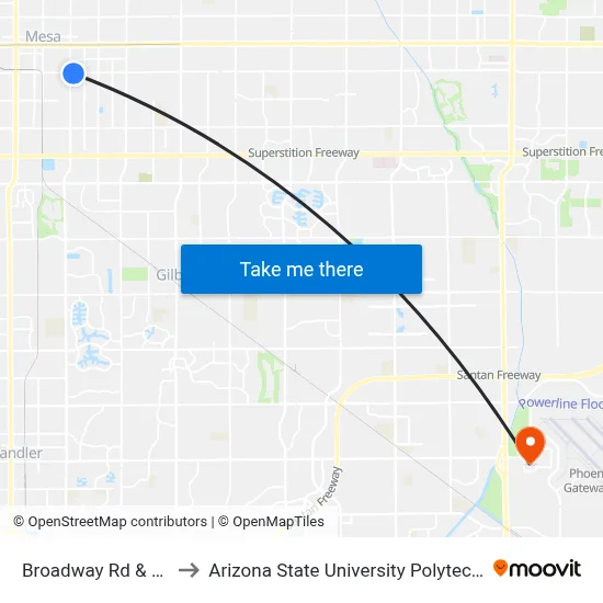 Broadway Rd & Mesa Dr to Arizona State University Polytechnic campus map