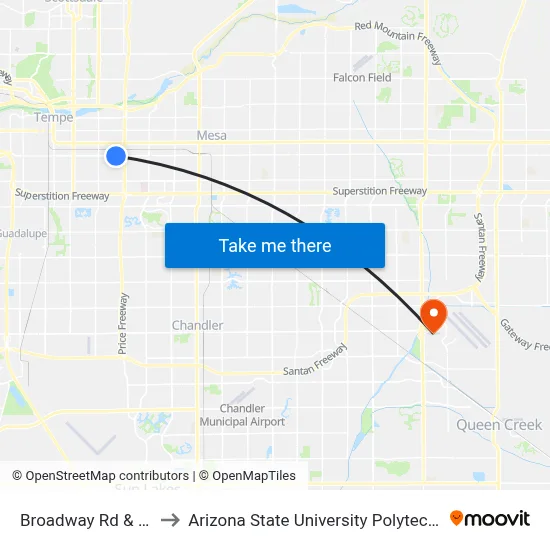 Broadway Rd & River Dr to Arizona State University Polytechnic campus map
