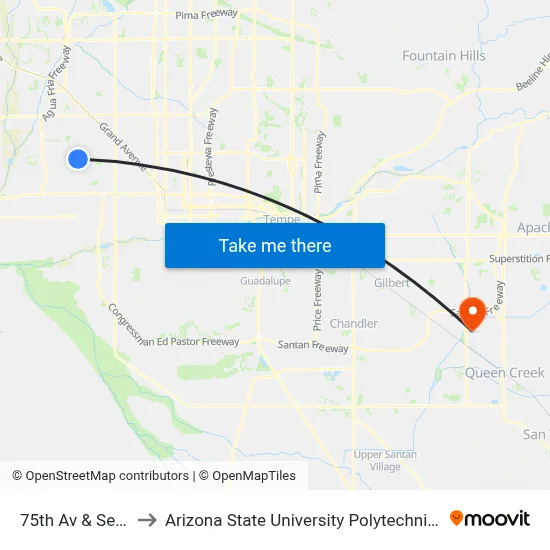 75th Av & Sells Dr to Arizona State University Polytechnic campus map