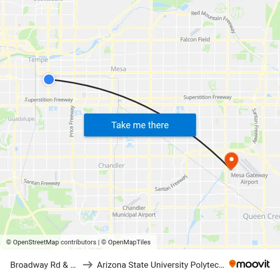 Broadway Rd & Rural Rd to Arizona State University Polytechnic campus map