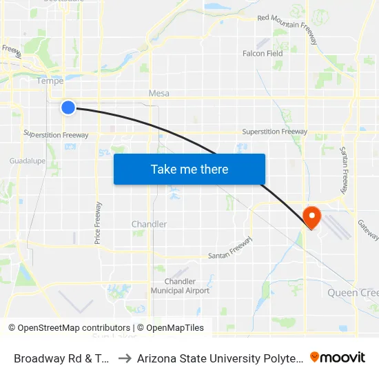 Broadway Rd & Terrace Rd to Arizona State University Polytechnic campus map
