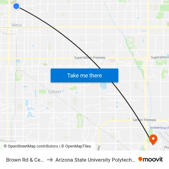 Brown Rd & Center St to Arizona State University Polytechnic campus map