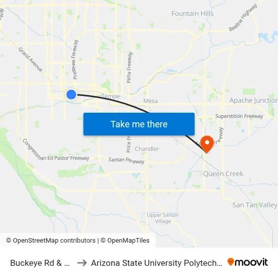 Buckeye Rd & 16th St to Arizona State University Polytechnic campus map