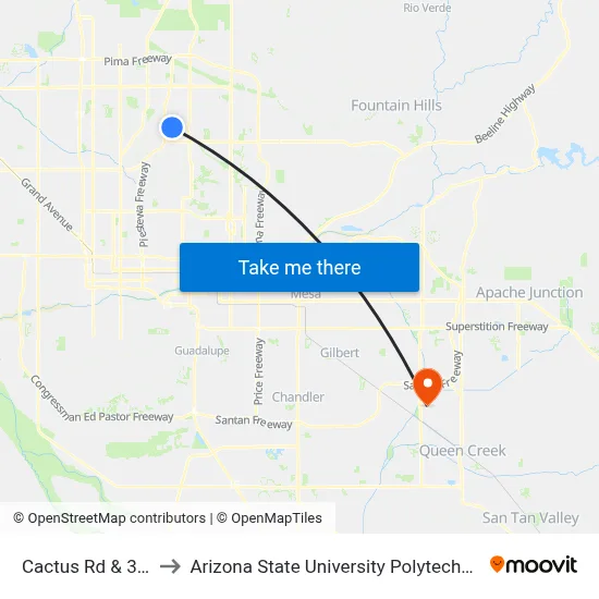 Cactus Rd & 38th St to Arizona State University Polytechnic campus map