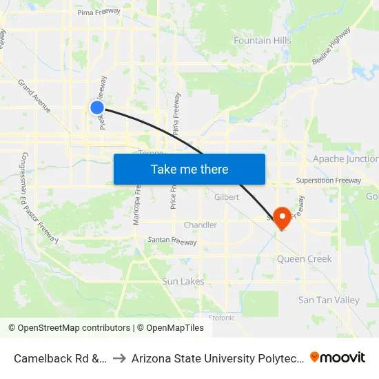 Camelback Rd & 16th St to Arizona State University Polytechnic campus map