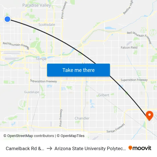 Camelback Rd & 28th St to Arizona State University Polytechnic campus map