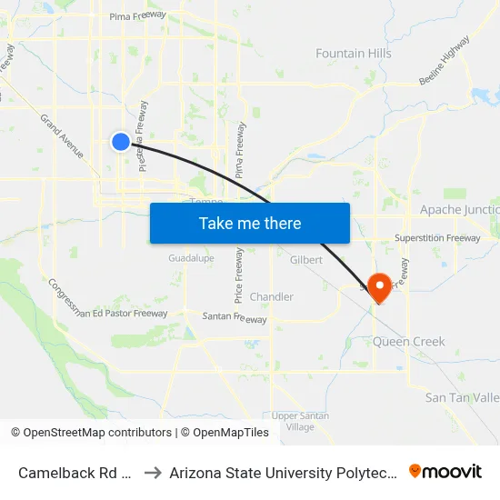 Camelback Rd & 3rd St to Arizona State University Polytechnic campus map