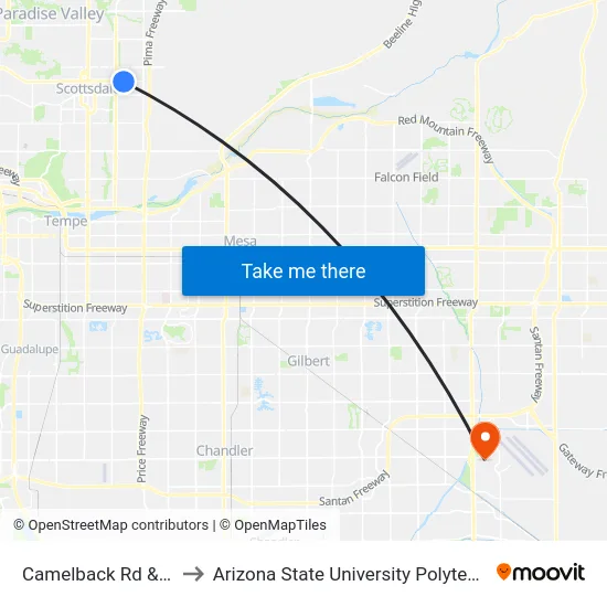 Camelback Rd & 82nd St to Arizona State University Polytechnic campus map