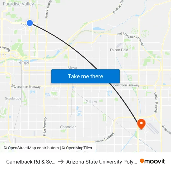 Camelback Rd & Scottsdale Rd to Arizona State University Polytechnic campus map