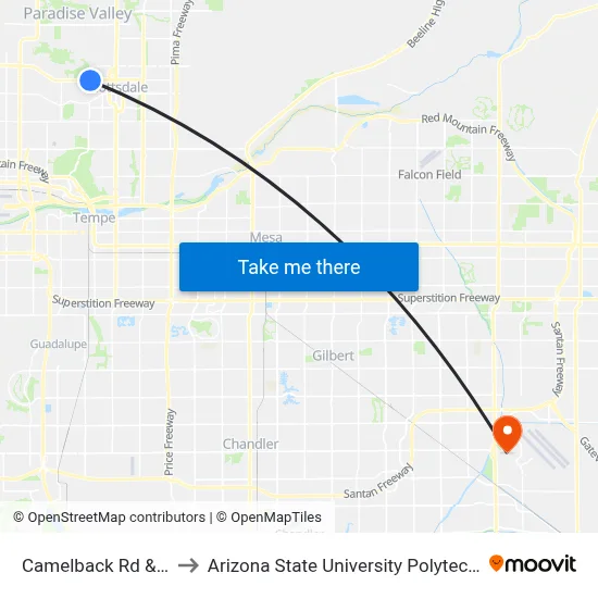 Camelback Rd & 64th St to Arizona State University Polytechnic campus map