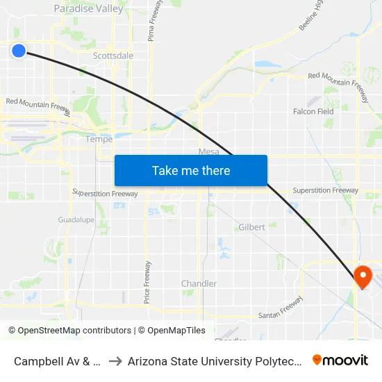 Campbell Av & 29th St to Arizona State University Polytechnic campus map