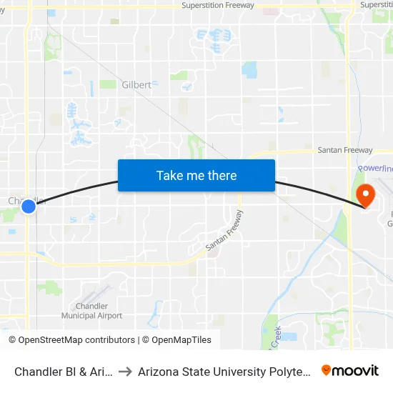 Chandler Bl & Arizona Av to Arizona State University Polytechnic campus map