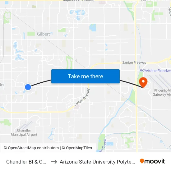 Chandler Bl & Cooper Rd to Arizona State University Polytechnic campus map