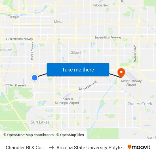 Chandler Bl & Coronado St to Arizona State University Polytechnic campus map