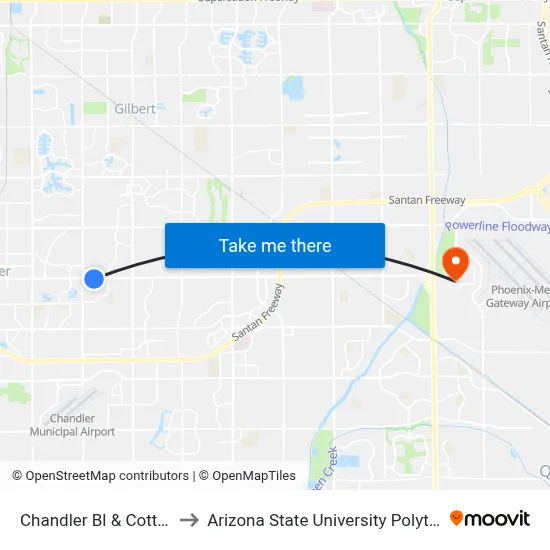 Chandler Bl & Cottonwood St to Arizona State University Polytechnic campus map