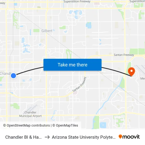 Chandler Bl & Hamilton St to Arizona State University Polytechnic campus map