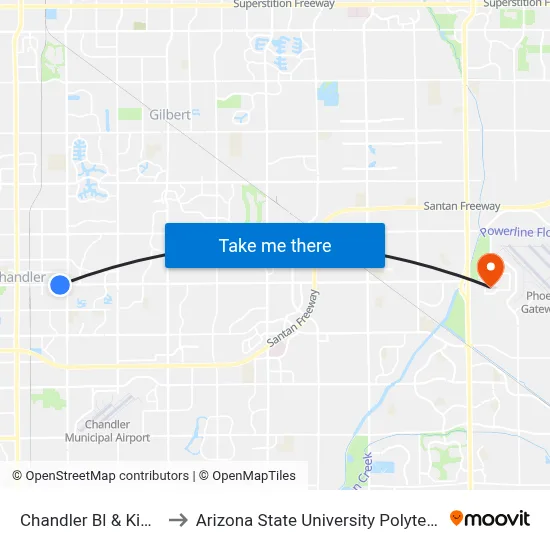 Chandler Bl & Kingston St to Arizona State University Polytechnic campus map