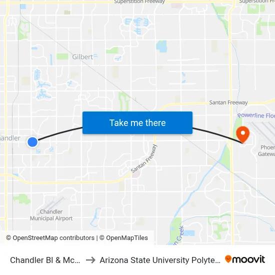 Chandler Bl & Mcqueen Rd to Arizona State University Polytechnic campus map