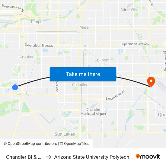 Chandler Bl & 44th St to Arizona State University Polytechnic campus map