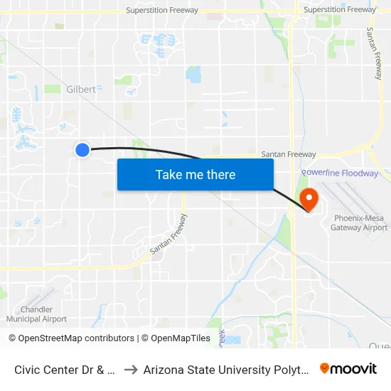 Civic Center Dr & Gilbert Rd to Arizona State University Polytechnic campus map