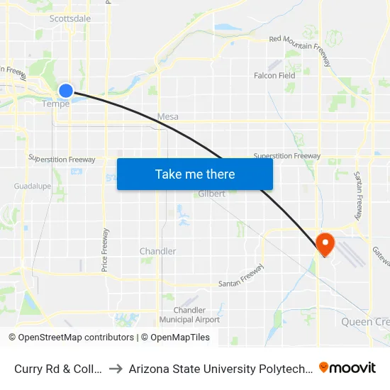 Curry Rd & College Av to Arizona State University Polytechnic campus map