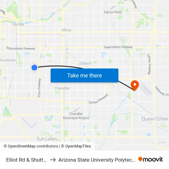 Elliot Rd & Shutterfly Wy to Arizona State University Polytechnic campus map