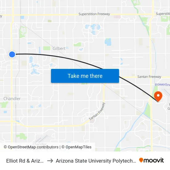 Elliot Rd & Arizona Av to Arizona State University Polytechnic campus map