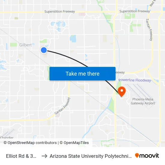 Elliot Rd & 30th St to Arizona State University Polytechnic campus map