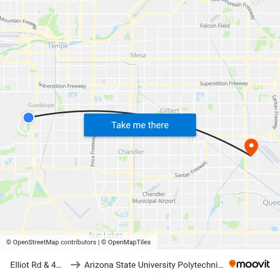 Elliot Rd & 48th St to Arizona State University Polytechnic campus map