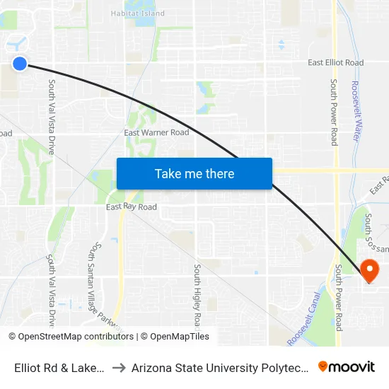 Elliot Rd & Lakeview Dr to Arizona State University Polytechnic campus map