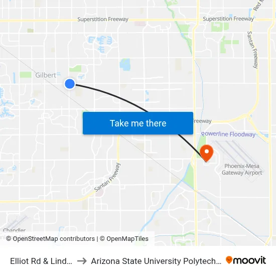 Elliot Rd & Lindsay Rd to Arizona State University Polytechnic campus map