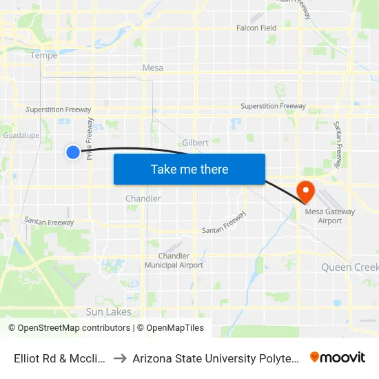 Elliot Rd & Mcclintock Dr to Arizona State University Polytechnic campus map
