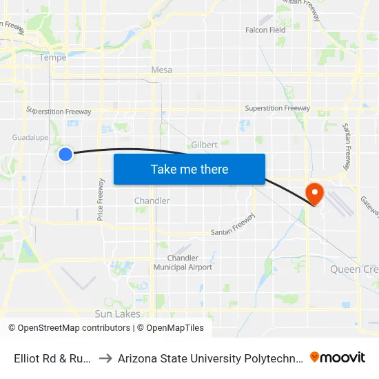Elliot Rd & Rural Rd to Arizona State University Polytechnic campus map