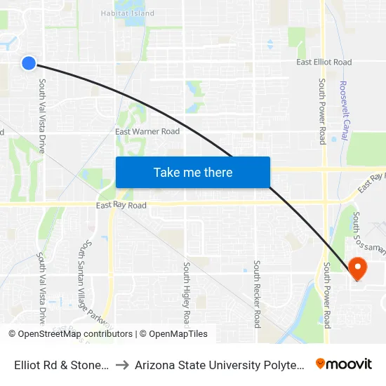 Elliot Rd & Stonecreek Bl to Arizona State University Polytechnic campus map