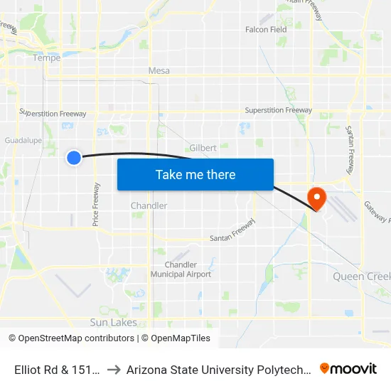 Elliot Rd & 1515 East to Arizona State University Polytechnic campus map