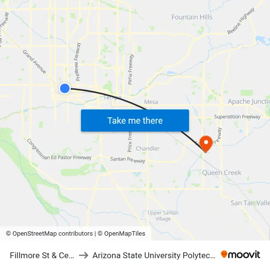 Fillmore St & Central Av to Arizona State University Polytechnic campus map